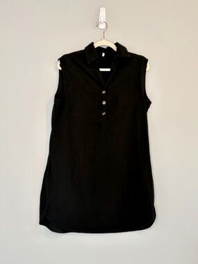 Sleeveless Collared Tunic Dress - Black L Linen Blend Breezy Summer Capsule